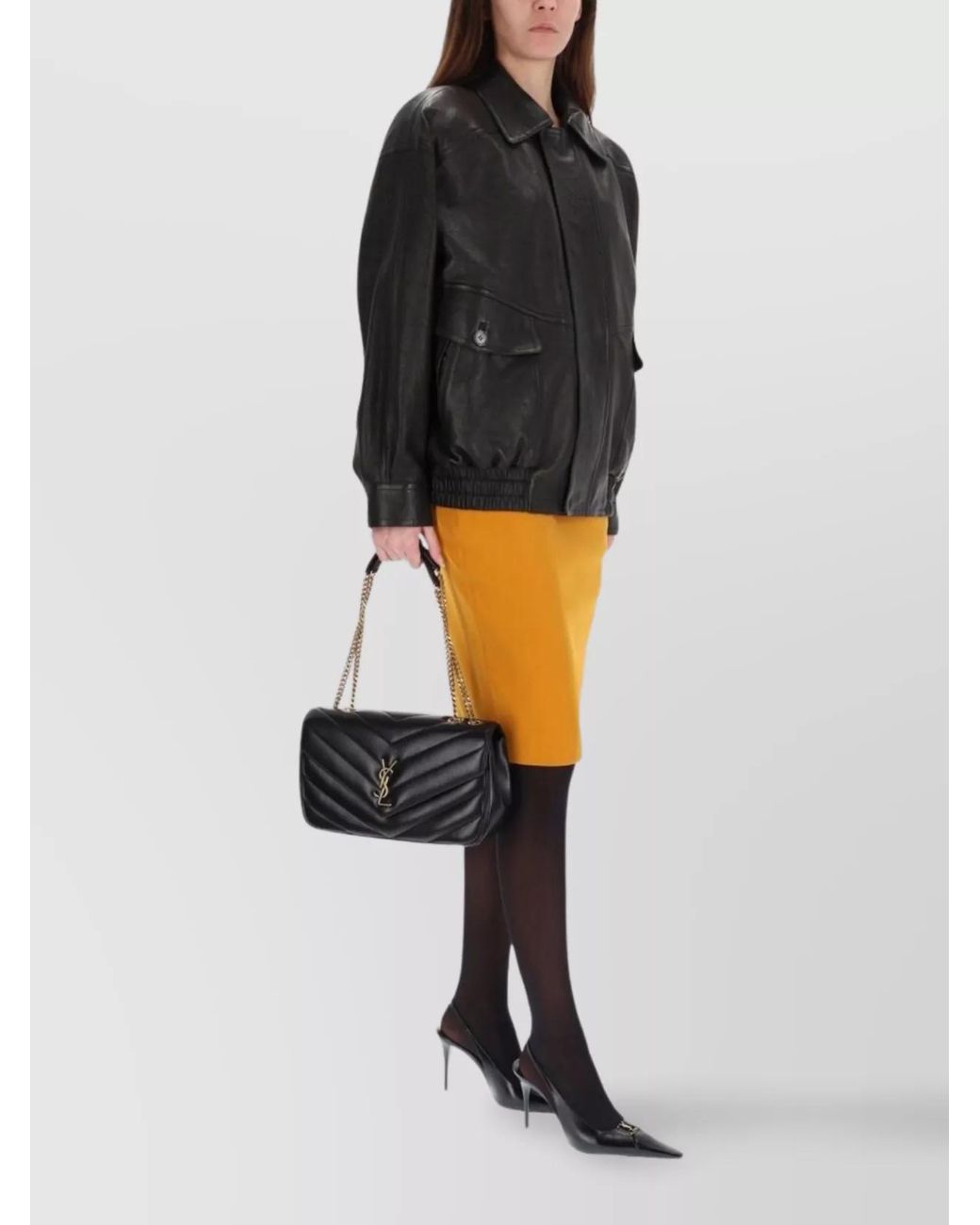 Saint Laurent Black Mid-Rise Satin Midi Pencil Skirt