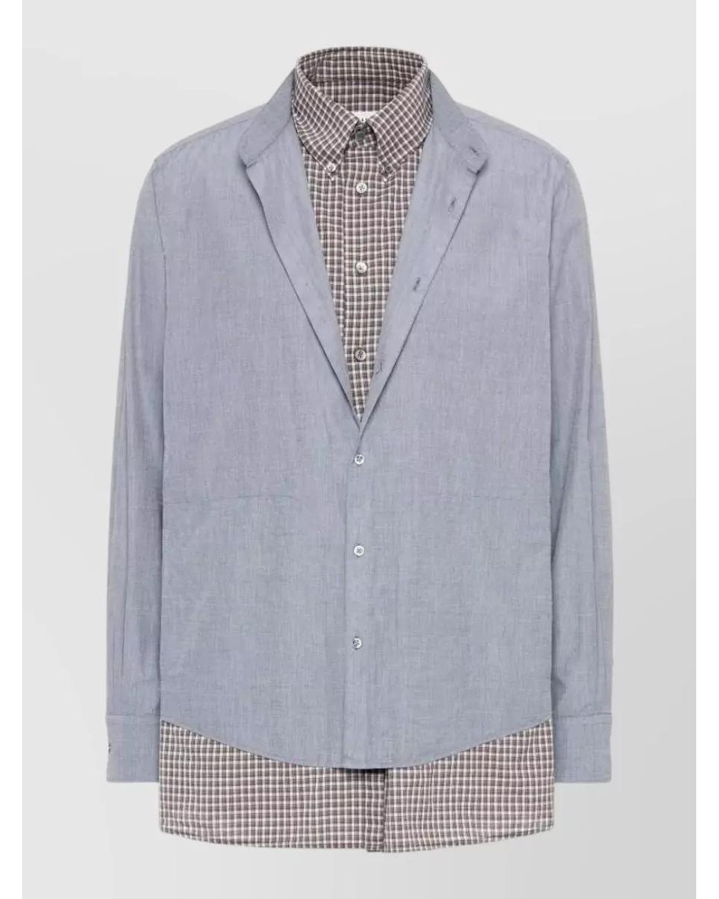 Maison Margiela Gray Cotton Checked Band Collar Long-Sleeve Shirt for men
