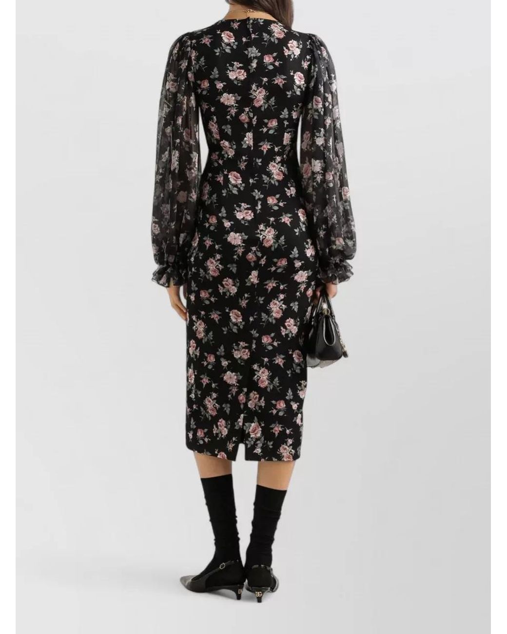 Dolce & Gabbana Black Silk Floral-Print Long-Sleeve Midi Dress