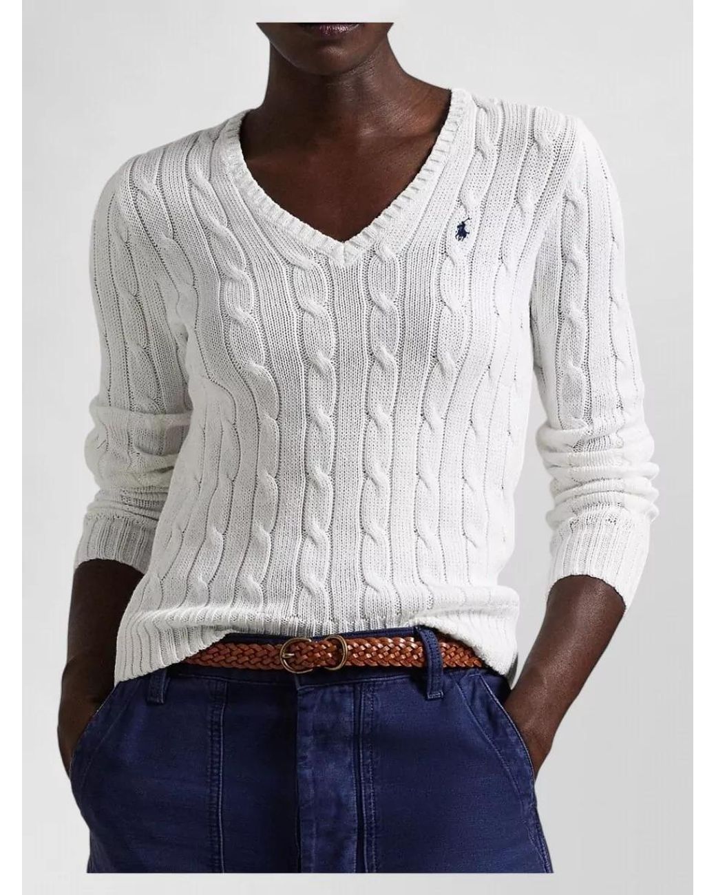 Polo Ralph Lauren White Cable-Knit V-Neck Cotton Jumper
