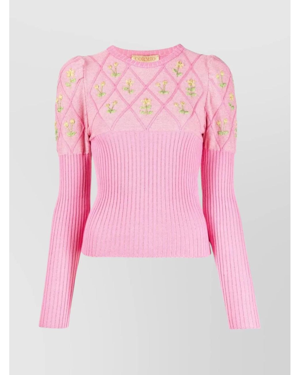 Cormio Pink Metallic Knit Floral Embroidered Long-Sleeve Top