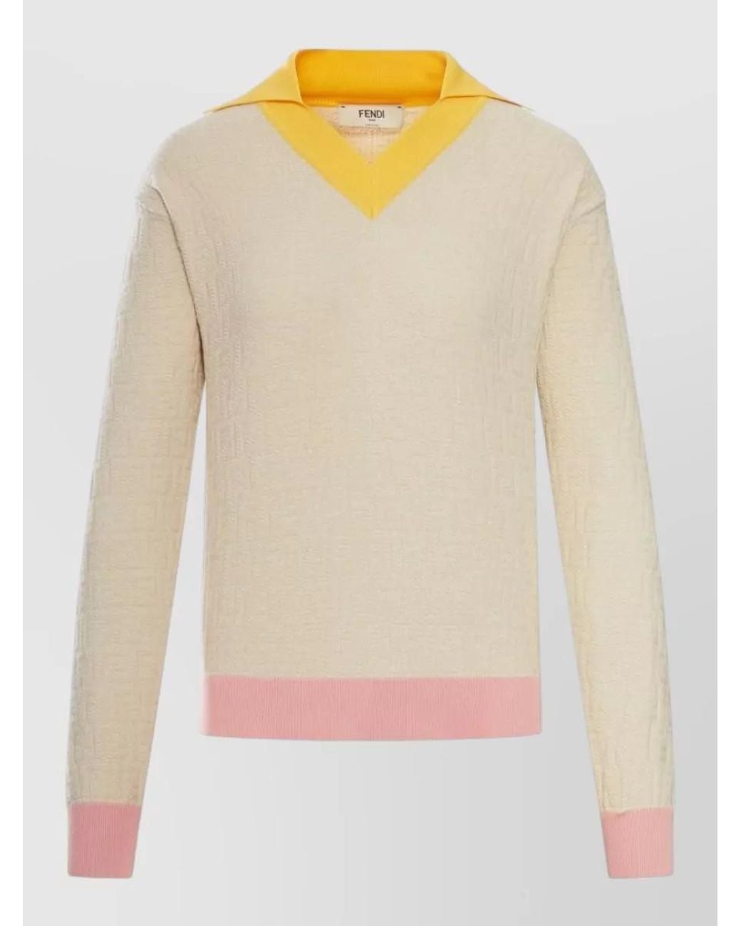 Fendi Natural Silk Blend Ribbed V-Neck Long-Sleeve Sweater