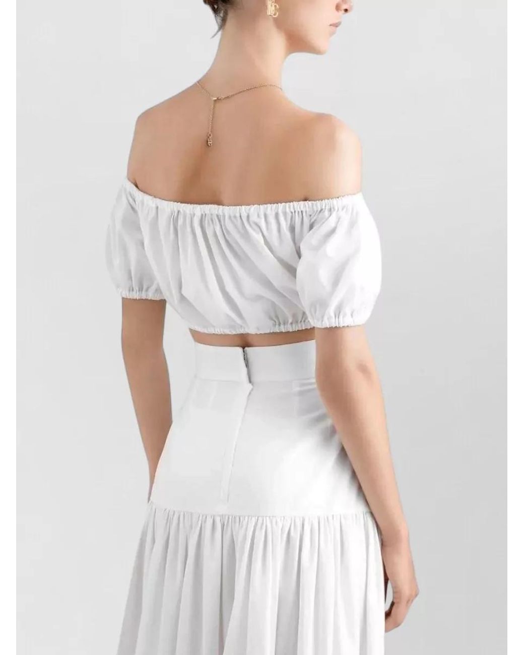 Dolce & Gabbana White Cotton Ruched Off-The-Shoulder Cropped Top