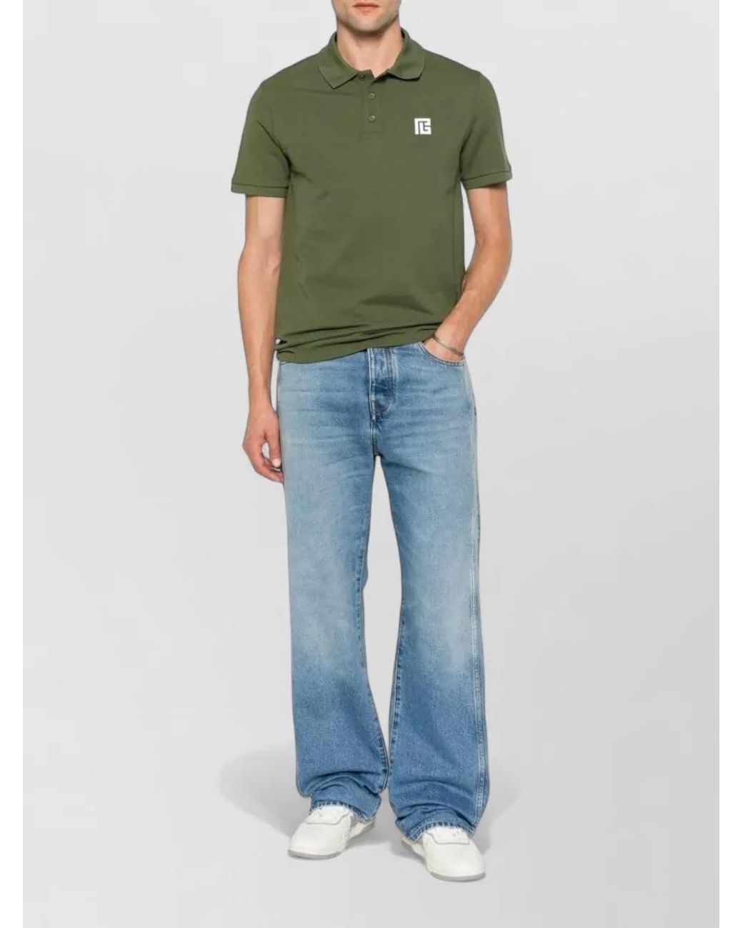 Balmain Green Cotton Piqué Short-Sleeve Polo Shirt for men