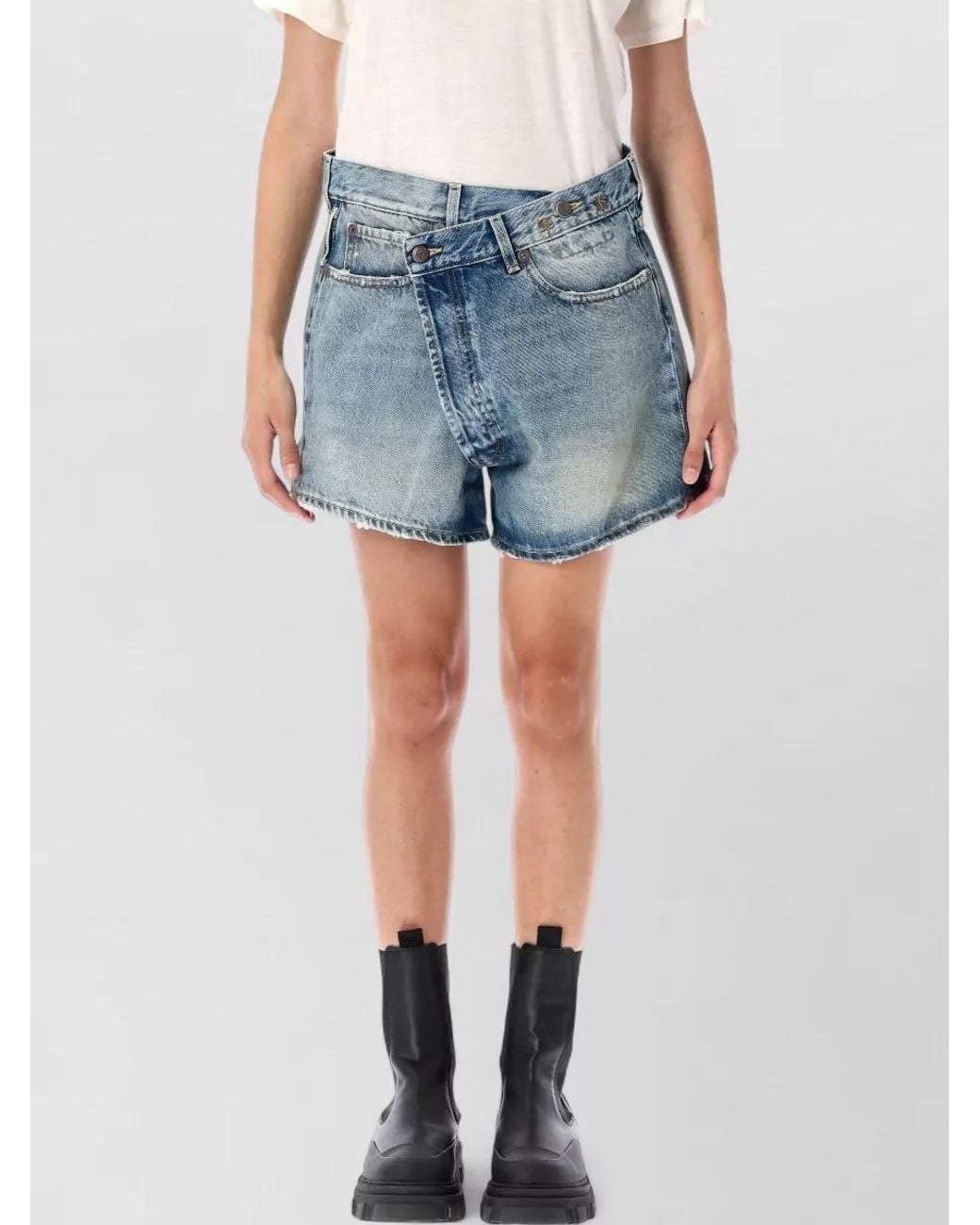 R13 Blue Denim Asymmetric Knee-Length Shorts