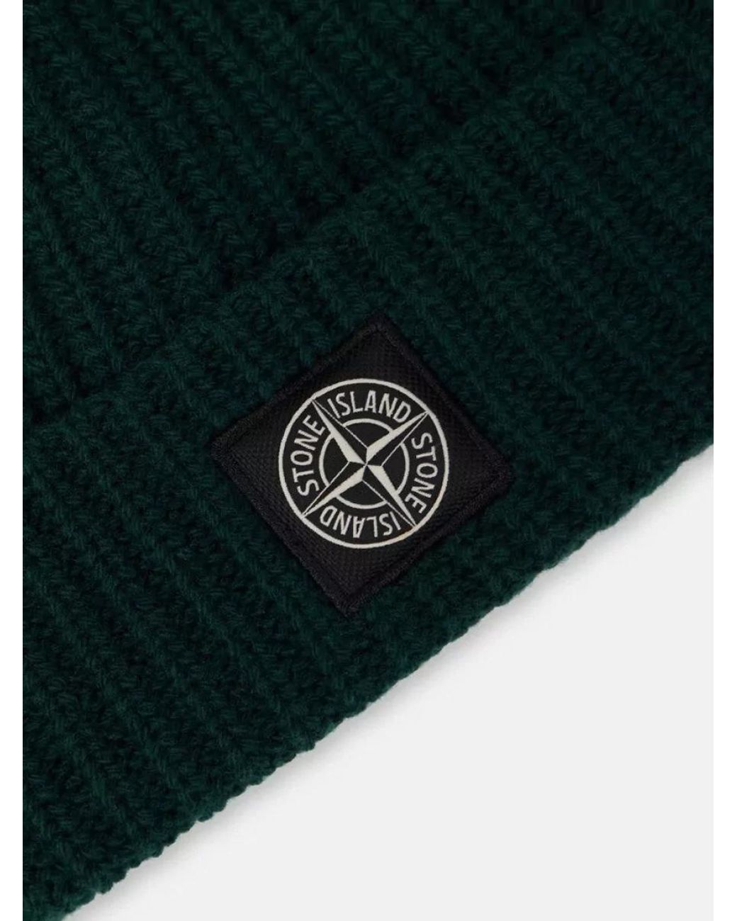 Stone Island Green Ribbed Virgin Wool Beanie for men