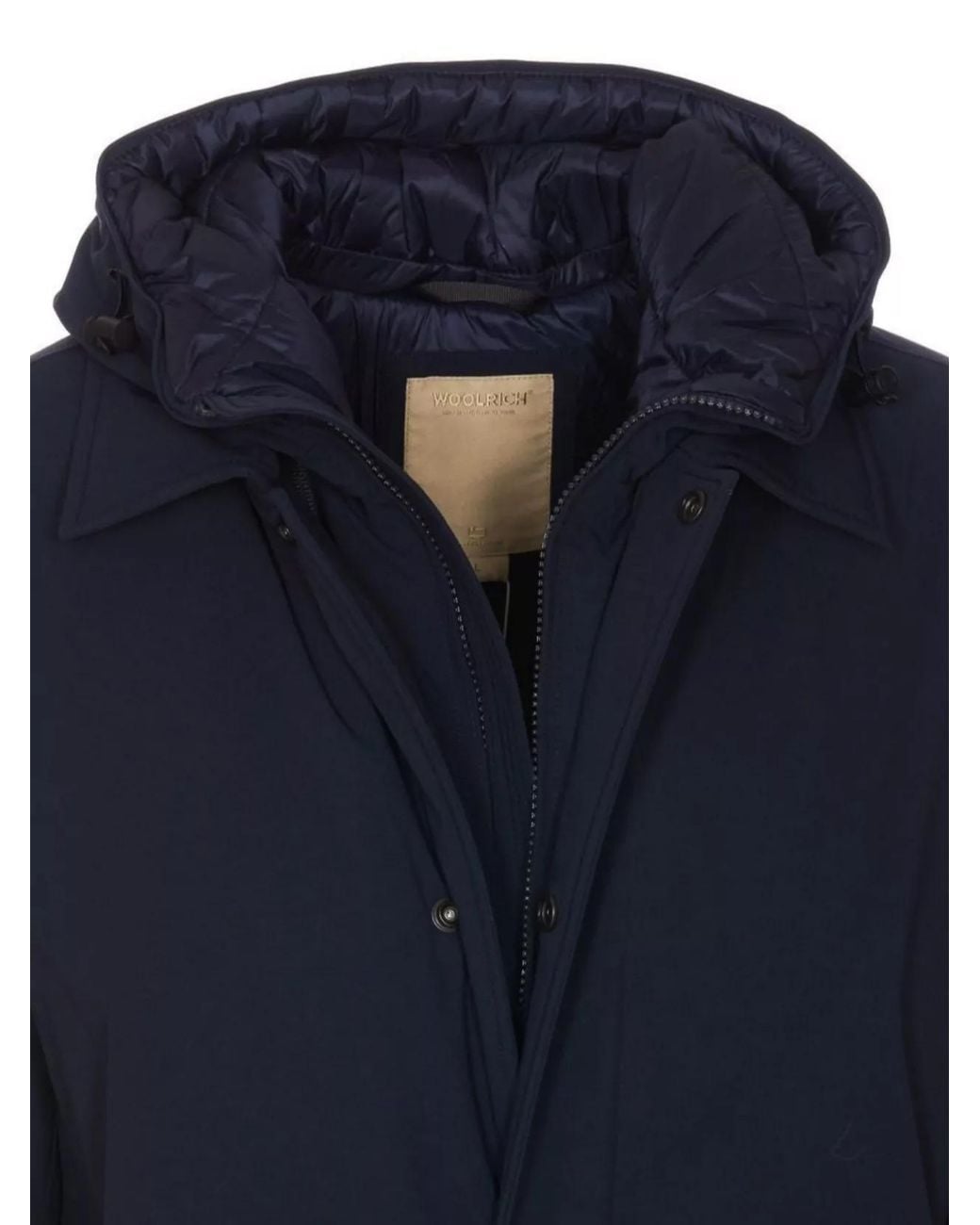 Woolrich Blue Down Hooded Mid-Length Padded Coat for men