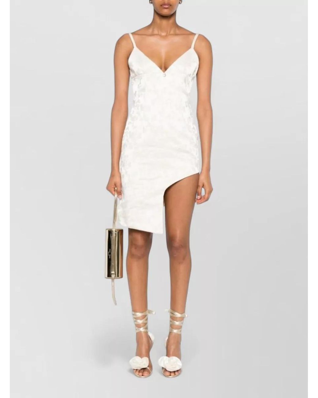 Coperni White Floral Jacquard V-Neck Spaghetti-Strap Asymmetric-Hem Mini Dress