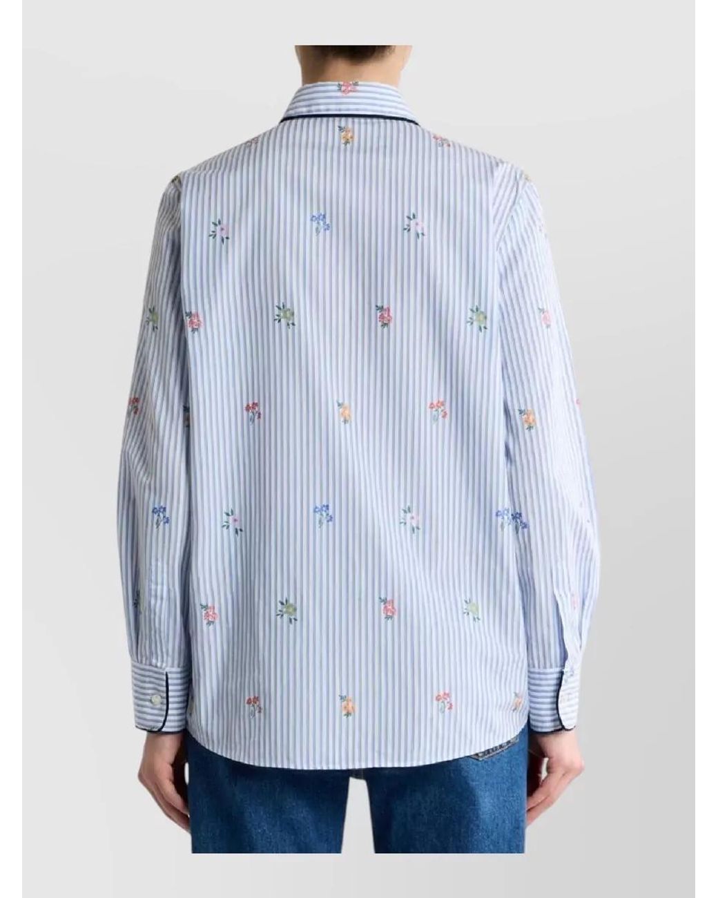 Etro Blue Floral-Embroidered Striped Cotton Long-Sleeve Shirt