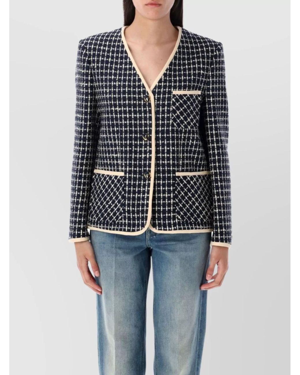 Valentino Garavani Blue Boucle Wool Blend Jacket With Contrast Trim