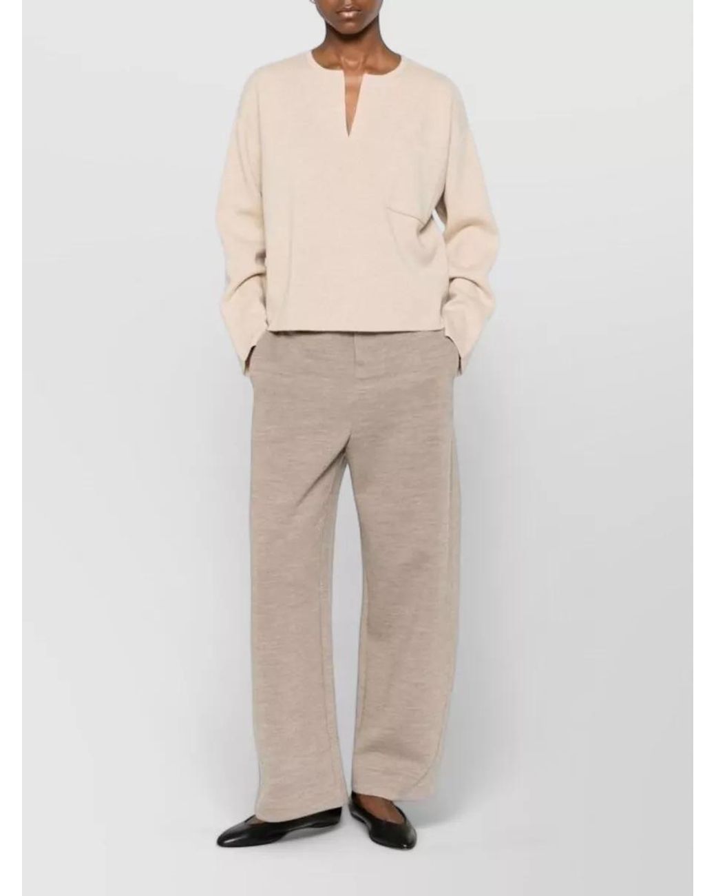 Max Mara Natural Cashmere Wool V-Neck Long-Sleeve Knitted Top