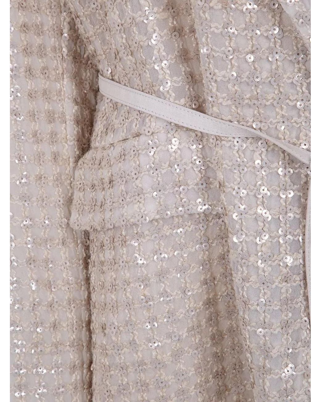 Brunello Cucinelli Gray Silk Organza Belted Embroidered Blazer