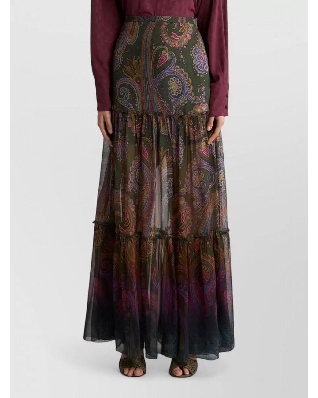 Etro Brown Silk Paisley-Print Maxi Skirt