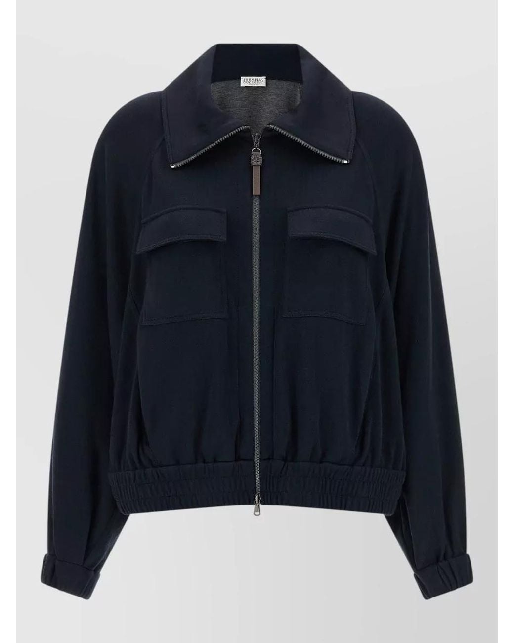 Brunello Cucinelli Blue Silk Cotton High-Neck Zip Sweatshirt