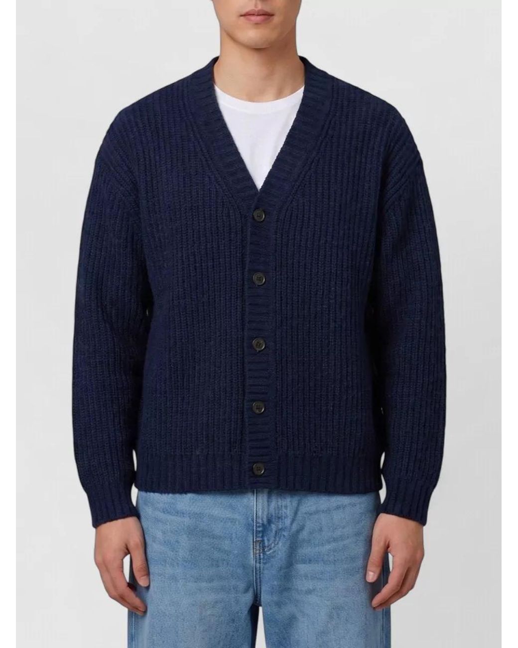 Roberto Collina Blue Ribbed V-Neck Wool Cardigan for men