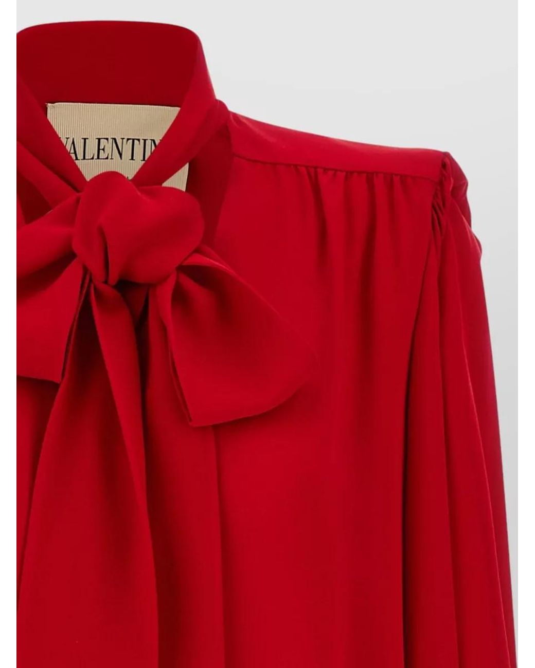 Valentino Garavani Red Silk Bow-Collar Long-Sleeve Blouse