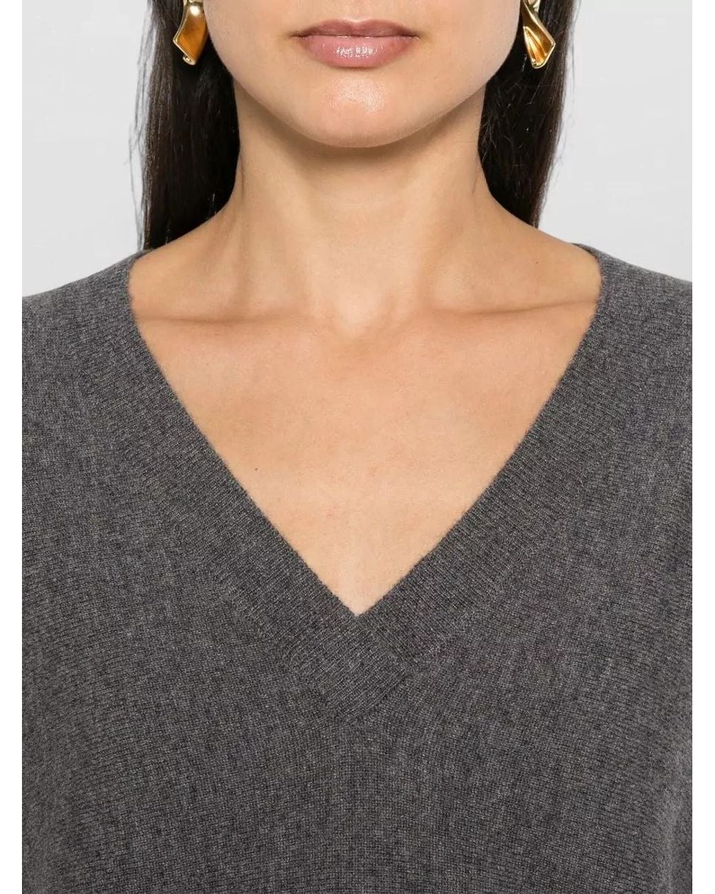 Lisa Yang Gray Cashmere Ribbed V-Neck Sweater