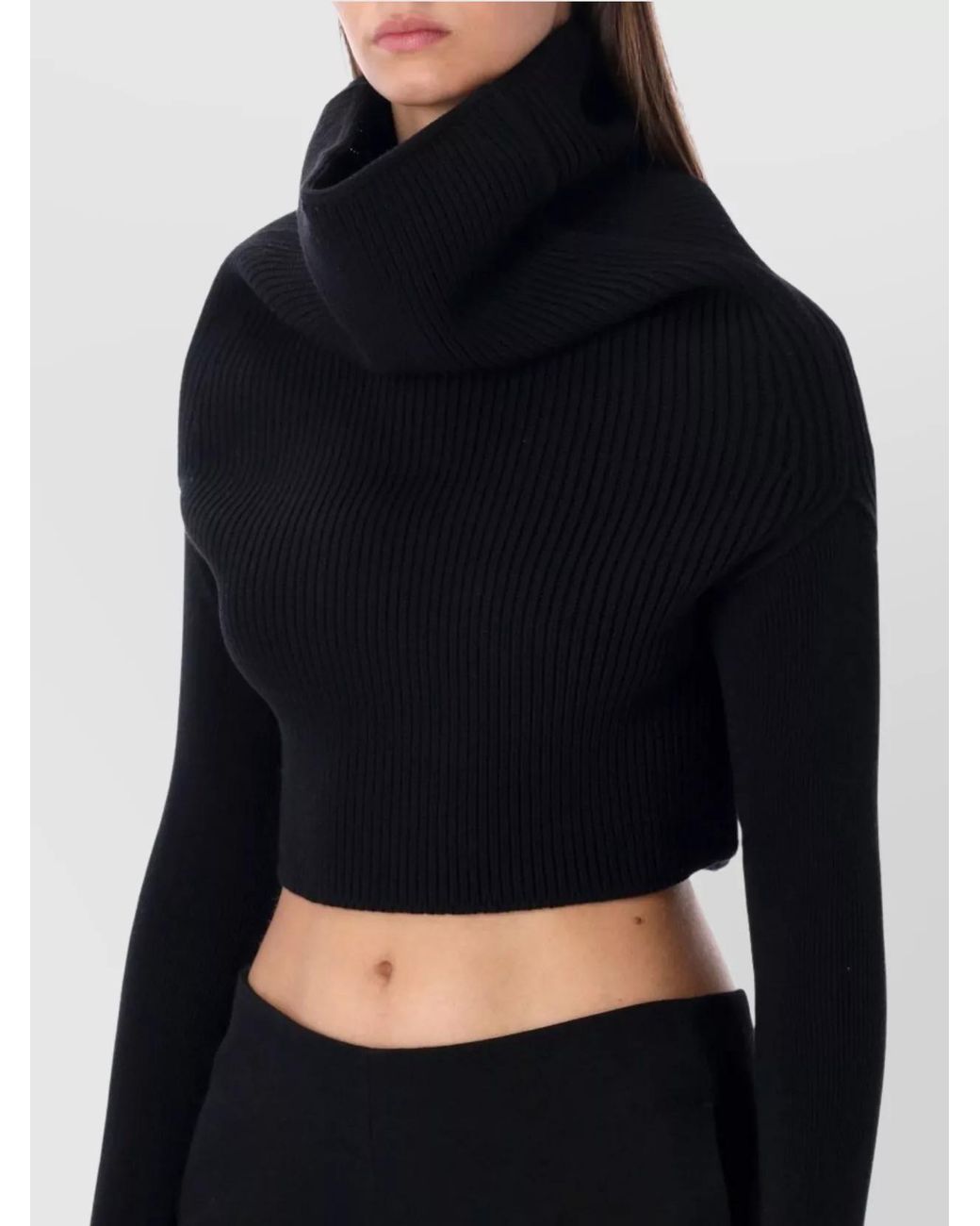 Rick Owens Blue Wool Ribbed Cropped Cowl Neck Long Sleeve Top