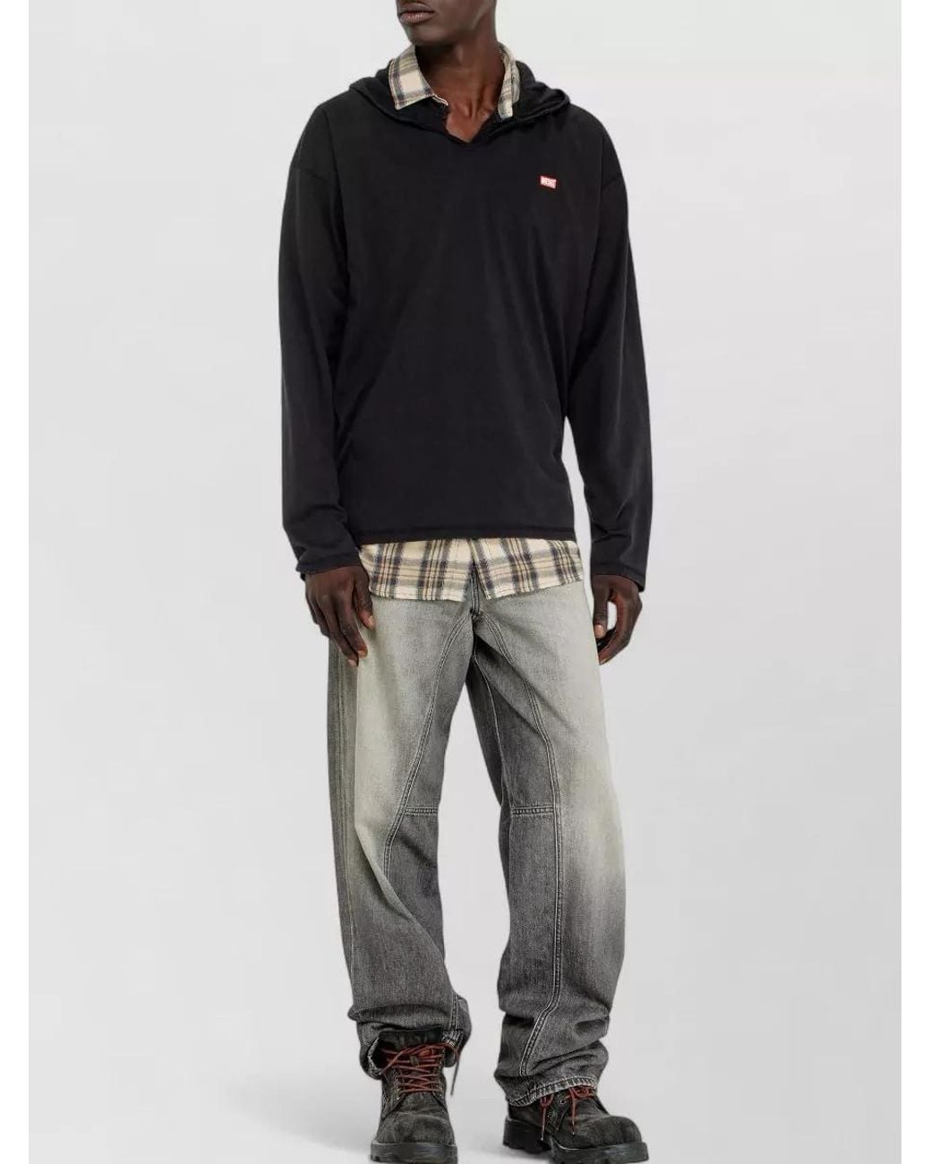 DIESEL Black Long Sleeve T-Shirt Shirt Check Hood for men