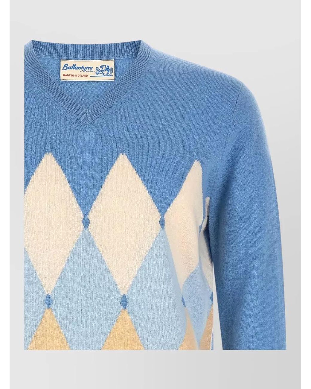 Ballantyne Blue Cashmere Regular-Fit V-Neck Diamond-Intarsia Jumper for men