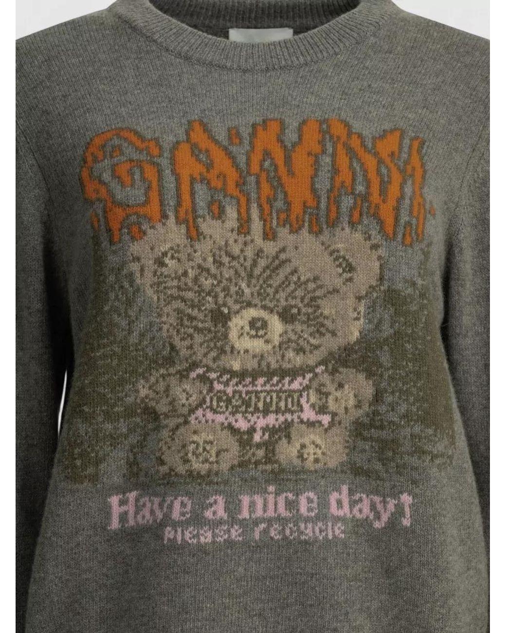 Ganni Gray Wool-Blend Intarsia Crew-Neck Sweater