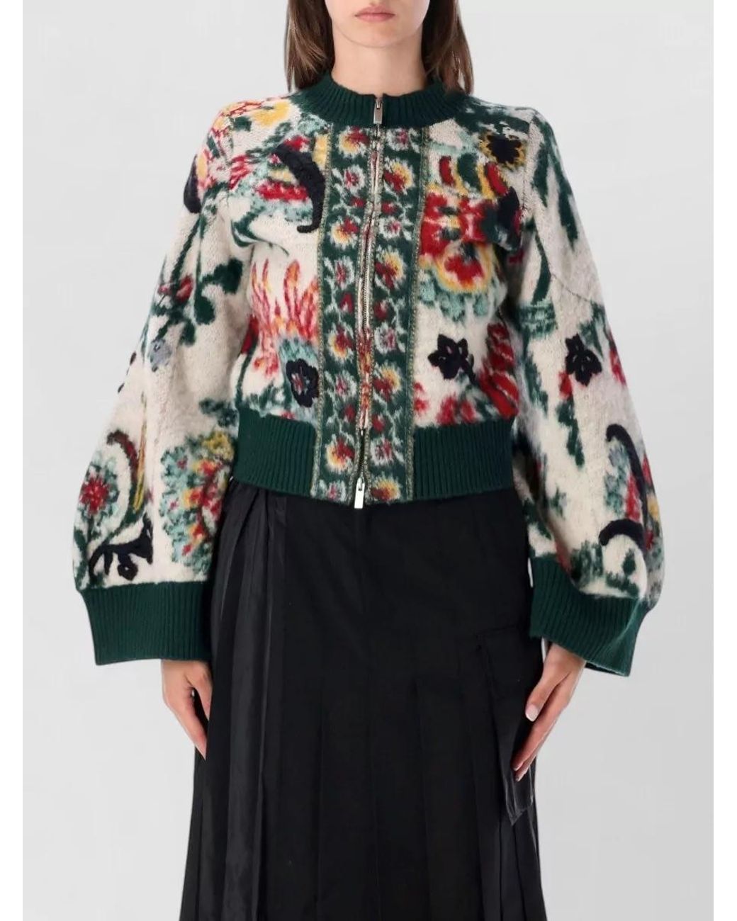 Sacai Black Wool Floral Jacquard Cropped Jacket