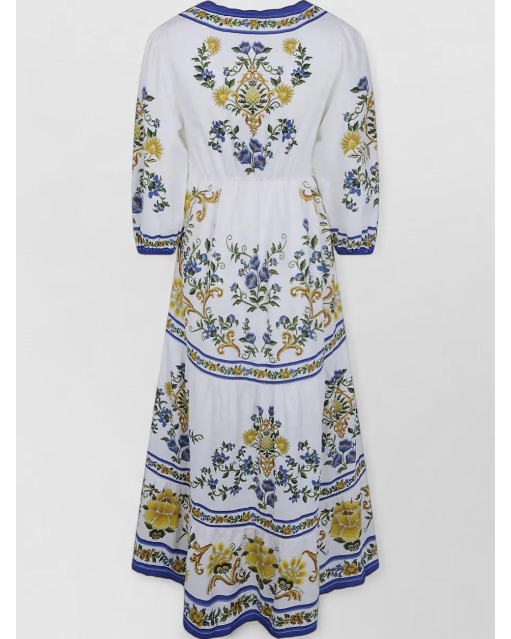 Farm Rio Blue Floral Print V-Neck Drawstring Tiered Midi Dress