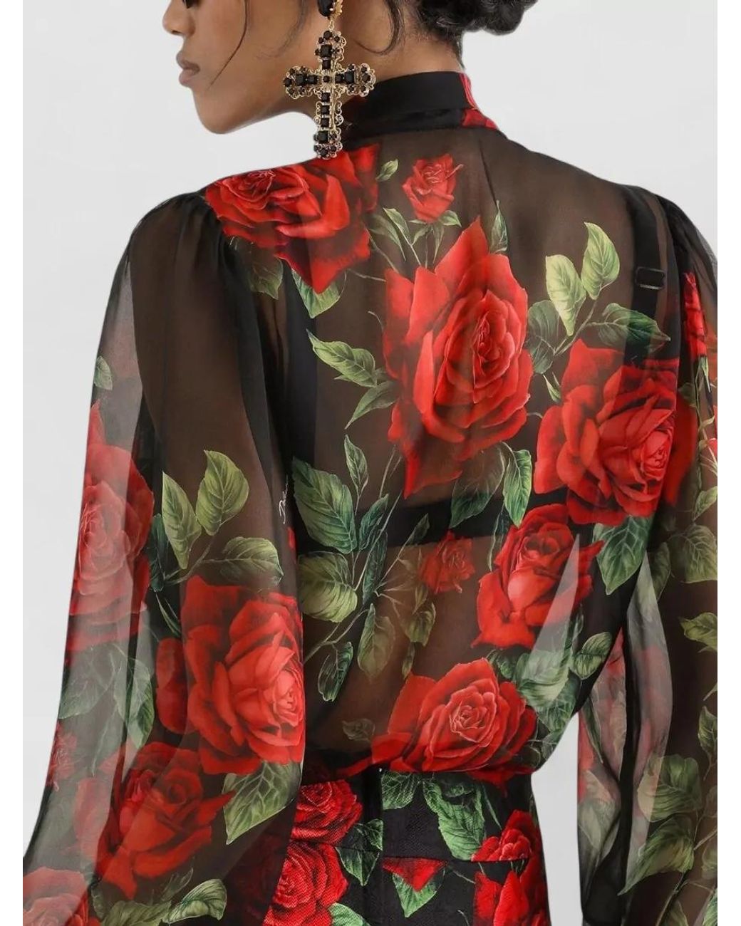 Dolce & Gabbana Black Silk Rose Print Long Sleeve Blouse
