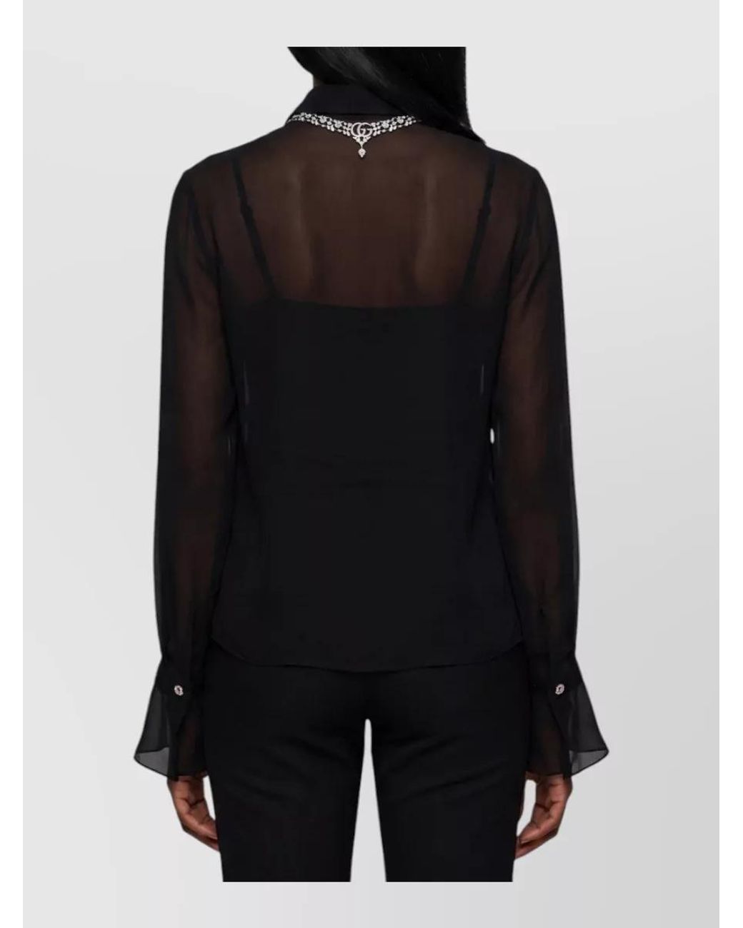 Gucci Blue Silk Lace-Trim Long-Sleeve Blouse