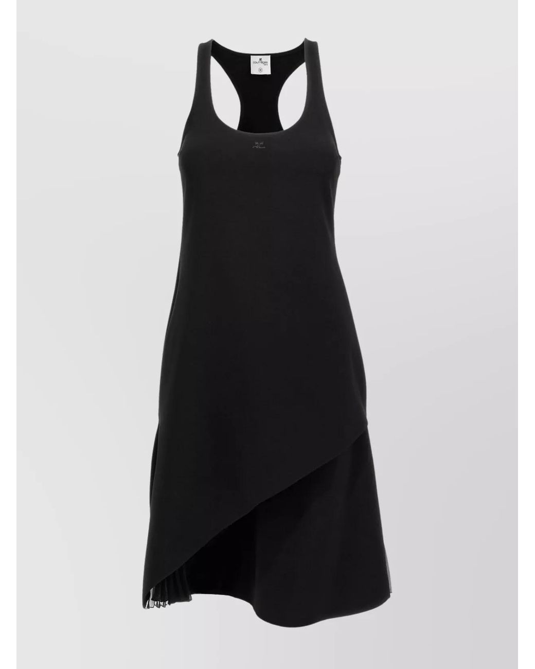 Courreges Black Infinity Pleats A-Line Embroidered Logo Scoop Neck Asymmetric Hem Knee-Length Dress