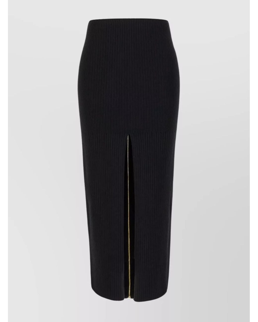 Patou Black Ribbed Merino Wool Midi Pencil Skirt