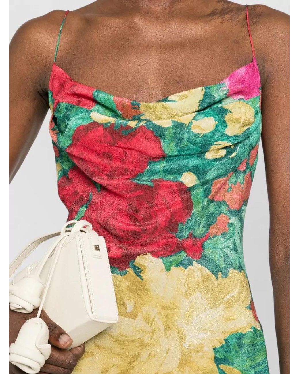 Balmain White Silk Floral-Print Cowl-Neck Mini Dress