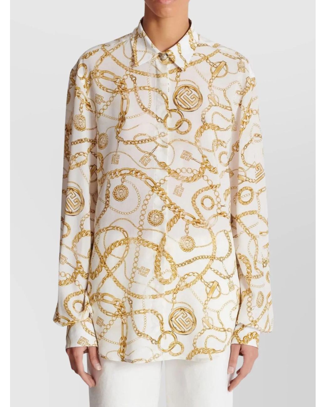 Balmain Natural Silk Printed Long-Sleeve Shirt