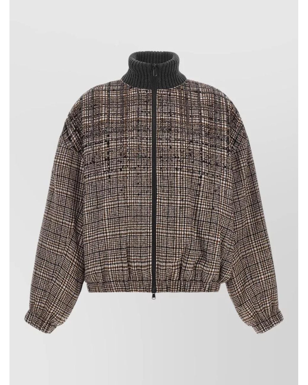 Brunello Cucinelli Brown Alpaca Wool Sequin Check Oversized Bomber Jacket