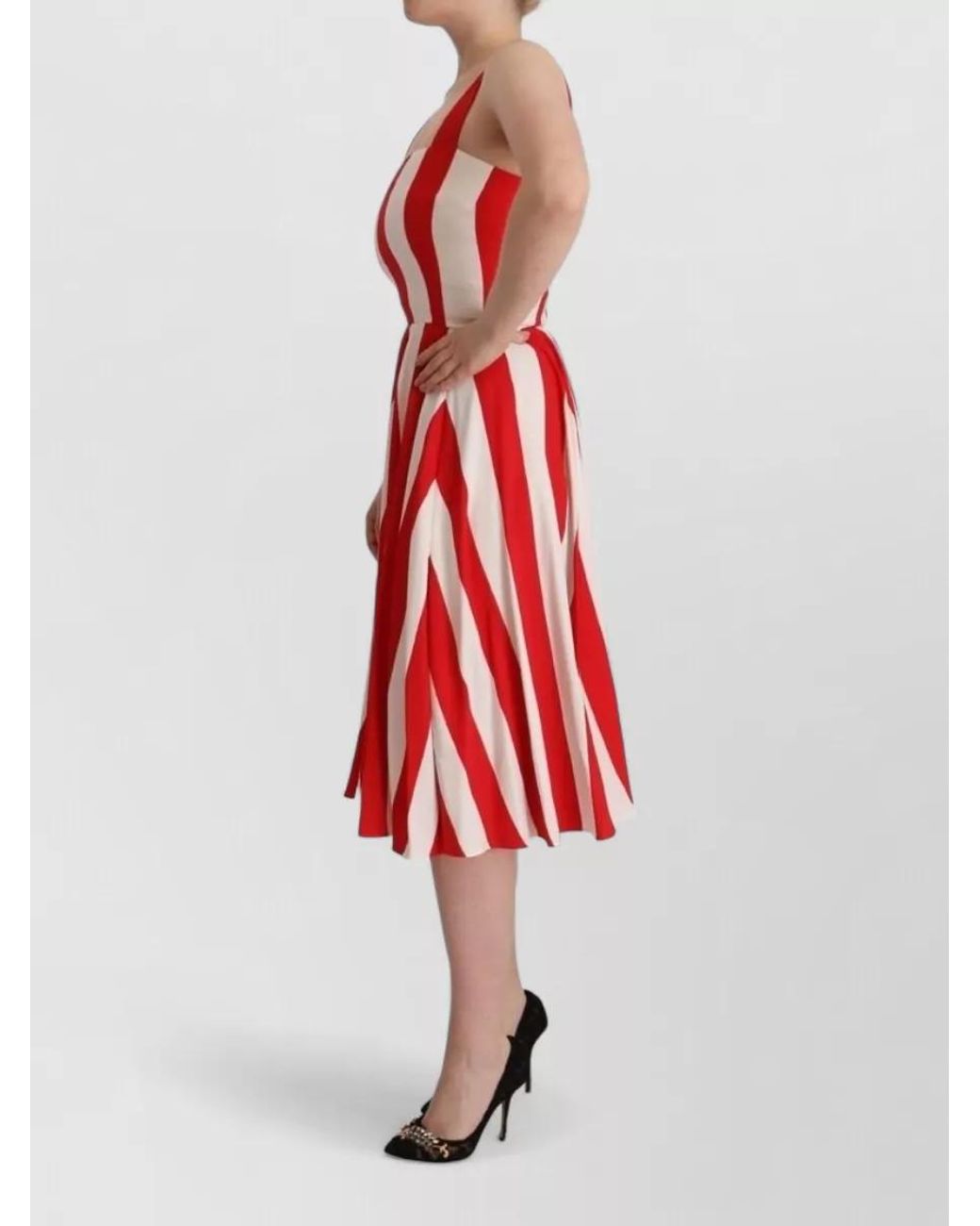 Dolce & Gabbana Red Striped Sleeveless Square Neck Midi Dress