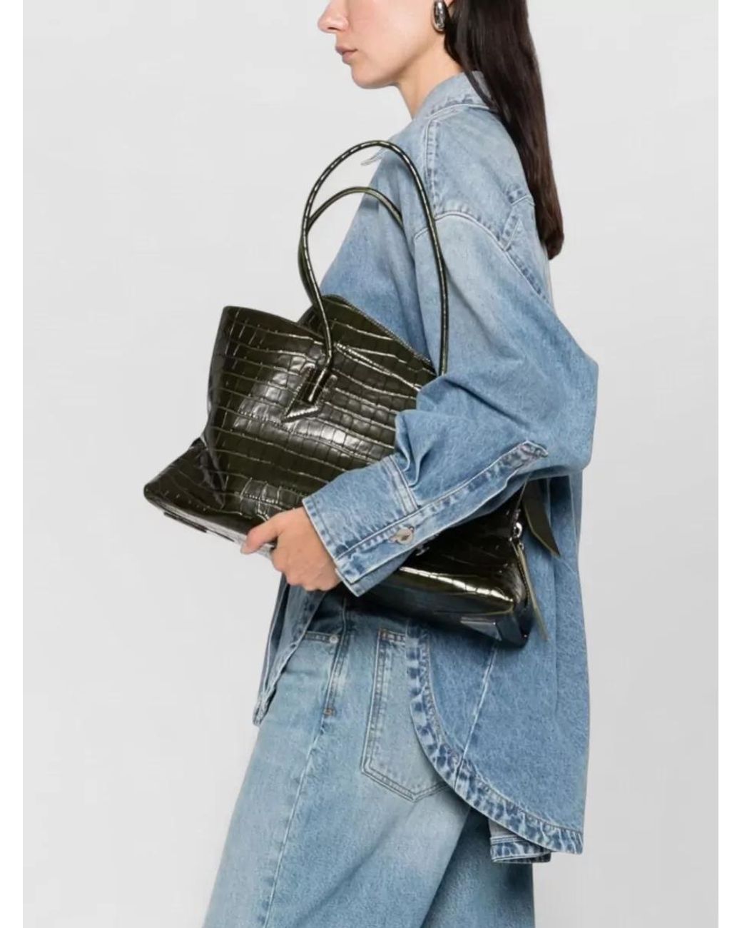 The Attico Black Medium Crocodile-Print Leather Shoulder Bag