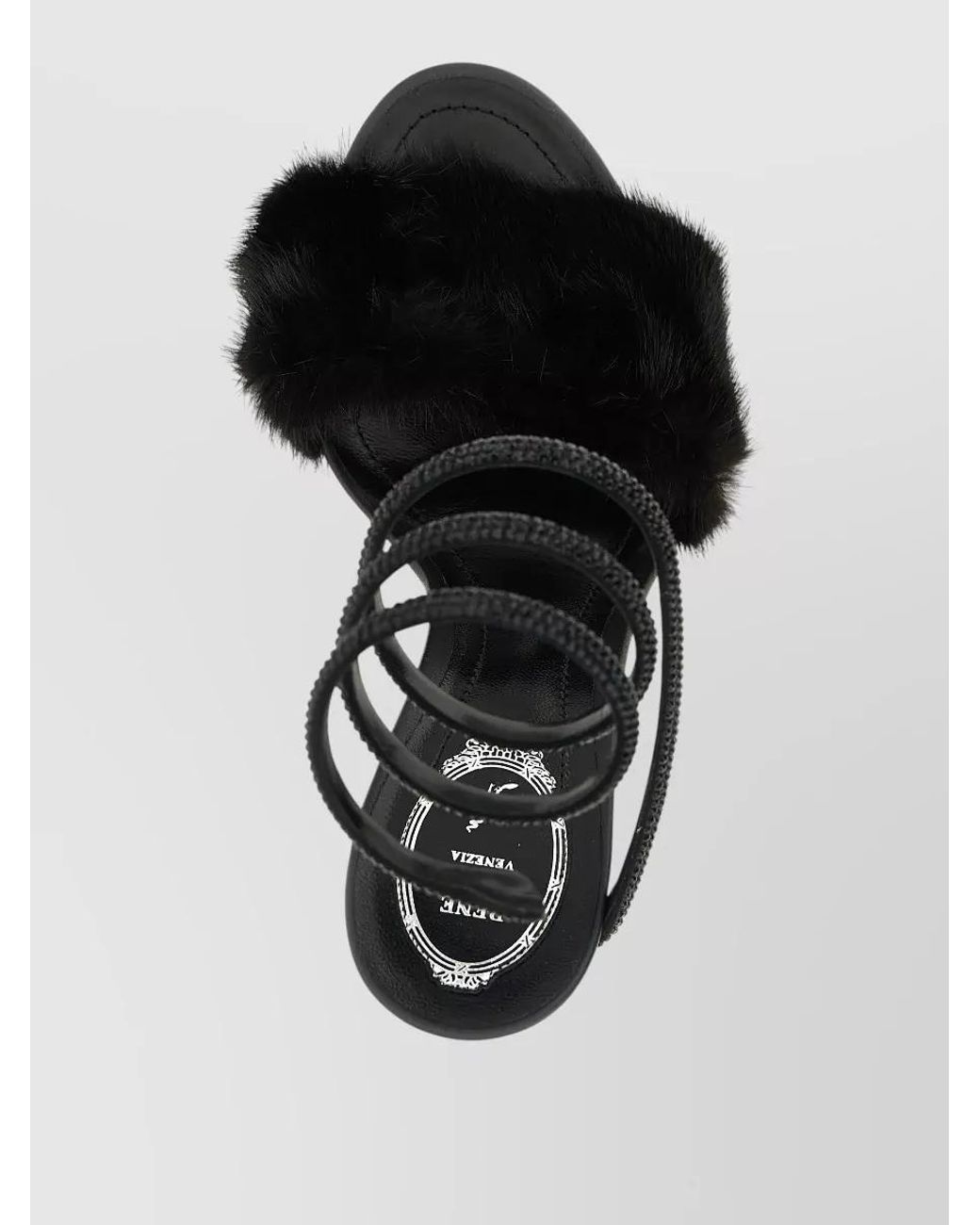 Rene Caovilla Black Leather Crystal Embellished Fur Strap Sandals