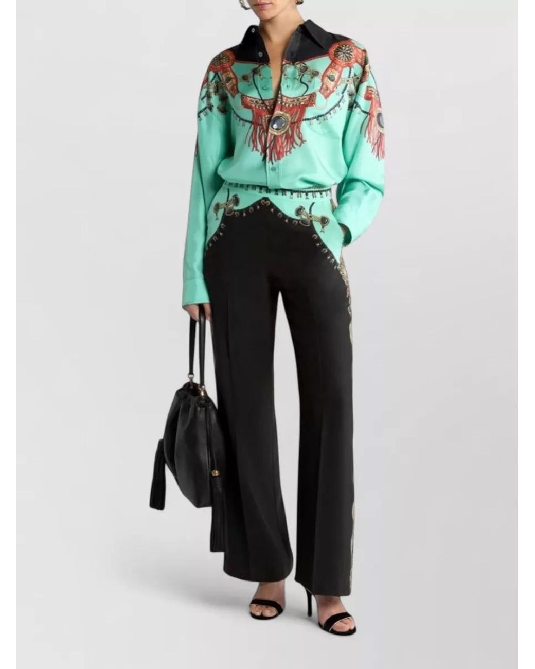 Etro Black Silk Printed Wide-Leg High-Rise Trousers