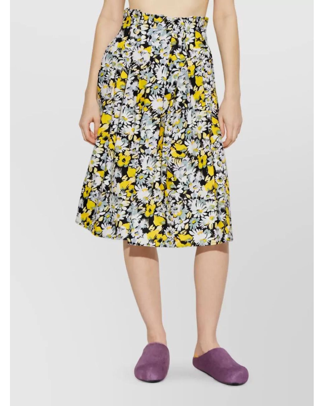 Marni Yellow Cotton Floral Print High-Rise Pleated Skirt