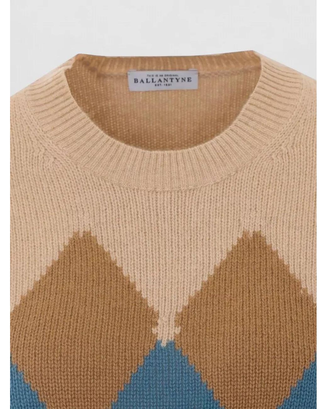 Ballantyne Blue Cashmere Argyle Crewneck Long-Sleeve Jumper