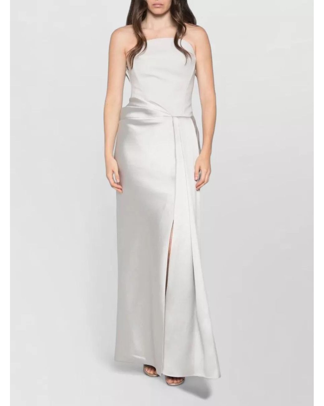 Solace London White Satin Strapless Draped Maxi Dress