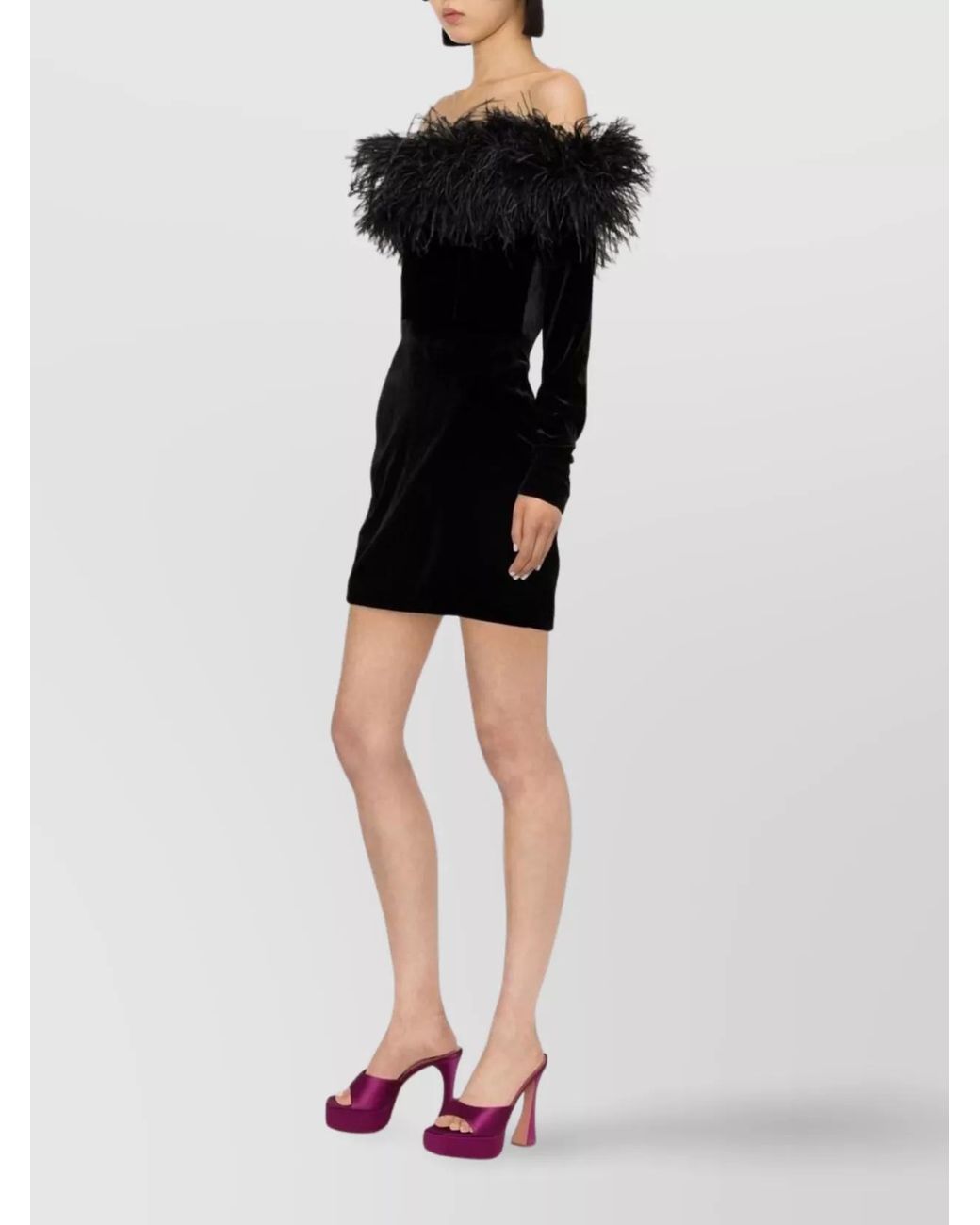 Alessandra Rich Black Feather Trim Velvet Strapless Long Sleeve Mini Dress