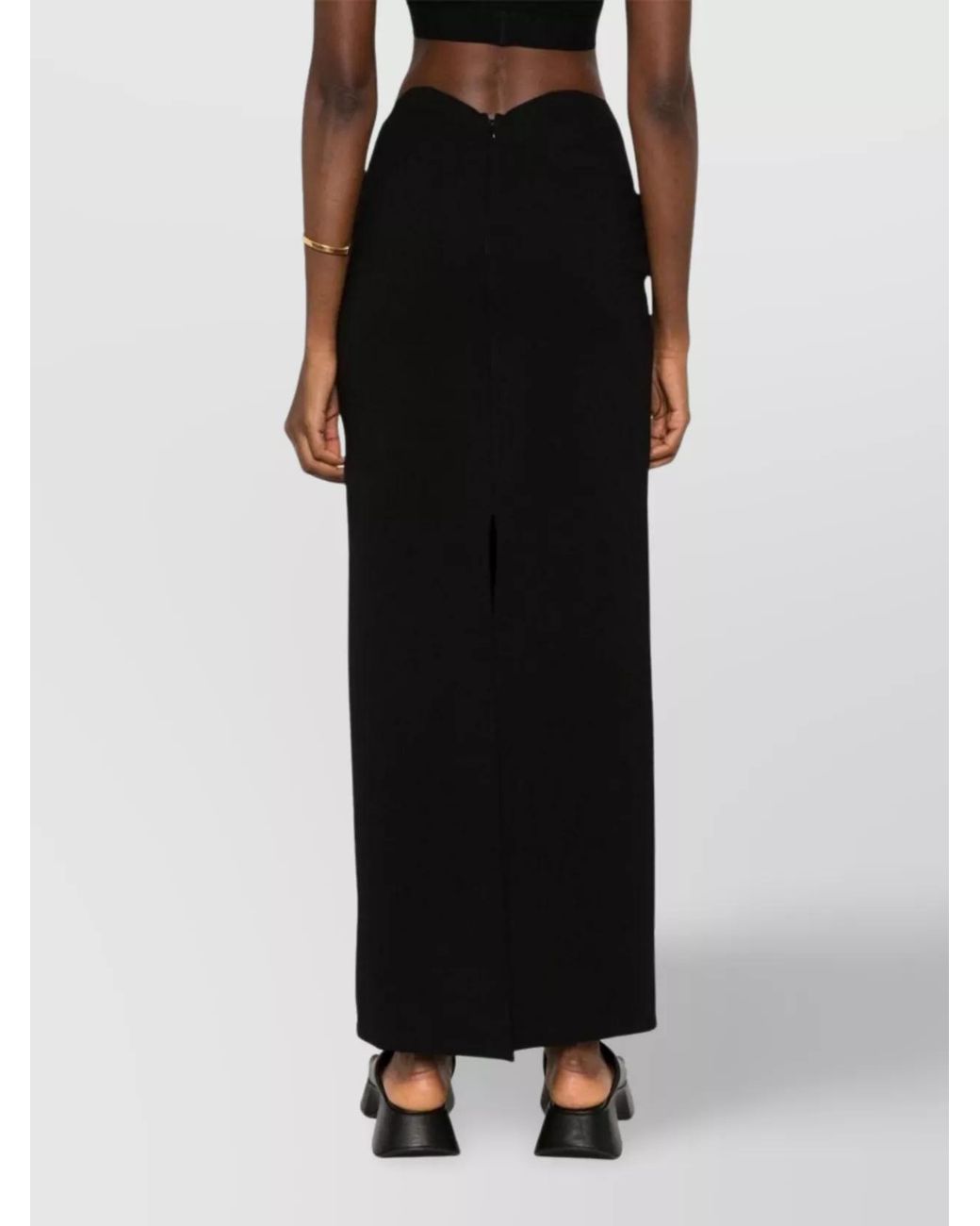 Staud Black Scallop-Waist Long Straight Skirt