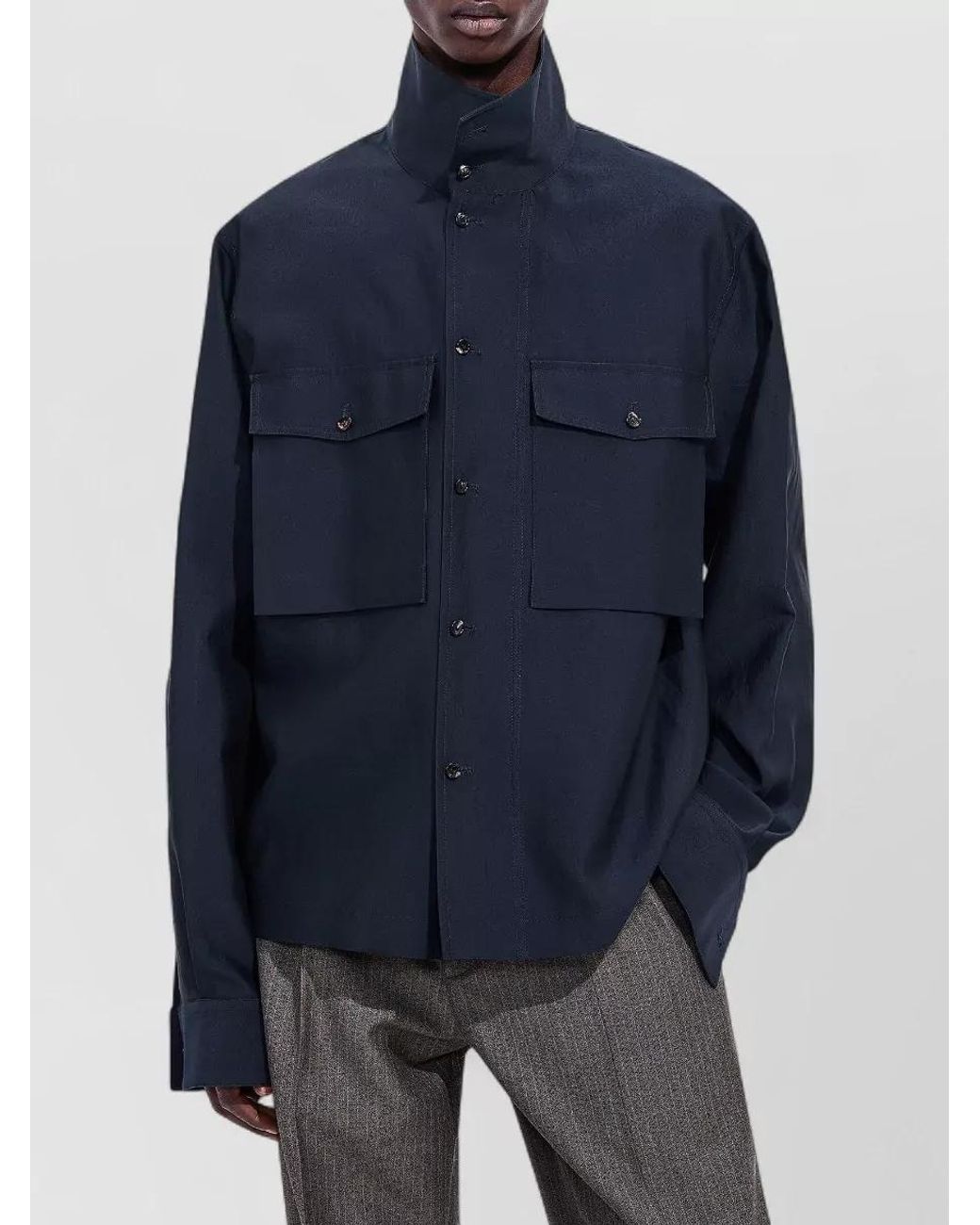 Bottega Veneta Blue Silk Cotton High-Neck Relaxed-Fit Shirt Jacket for men