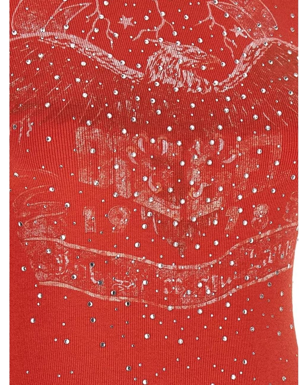 DIESEL Red Ribbed Crystal-Embellished Graphic Cotton T-Shirt