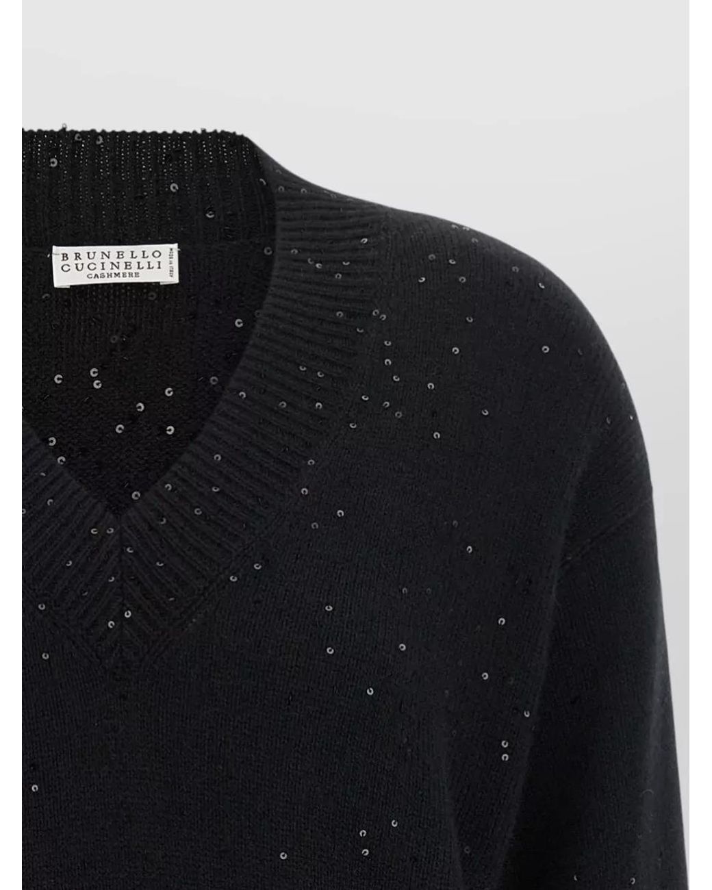 Brunello Cucinelli Blue Cashmere Silk Sequin-Embroidered V-Neck Sweater