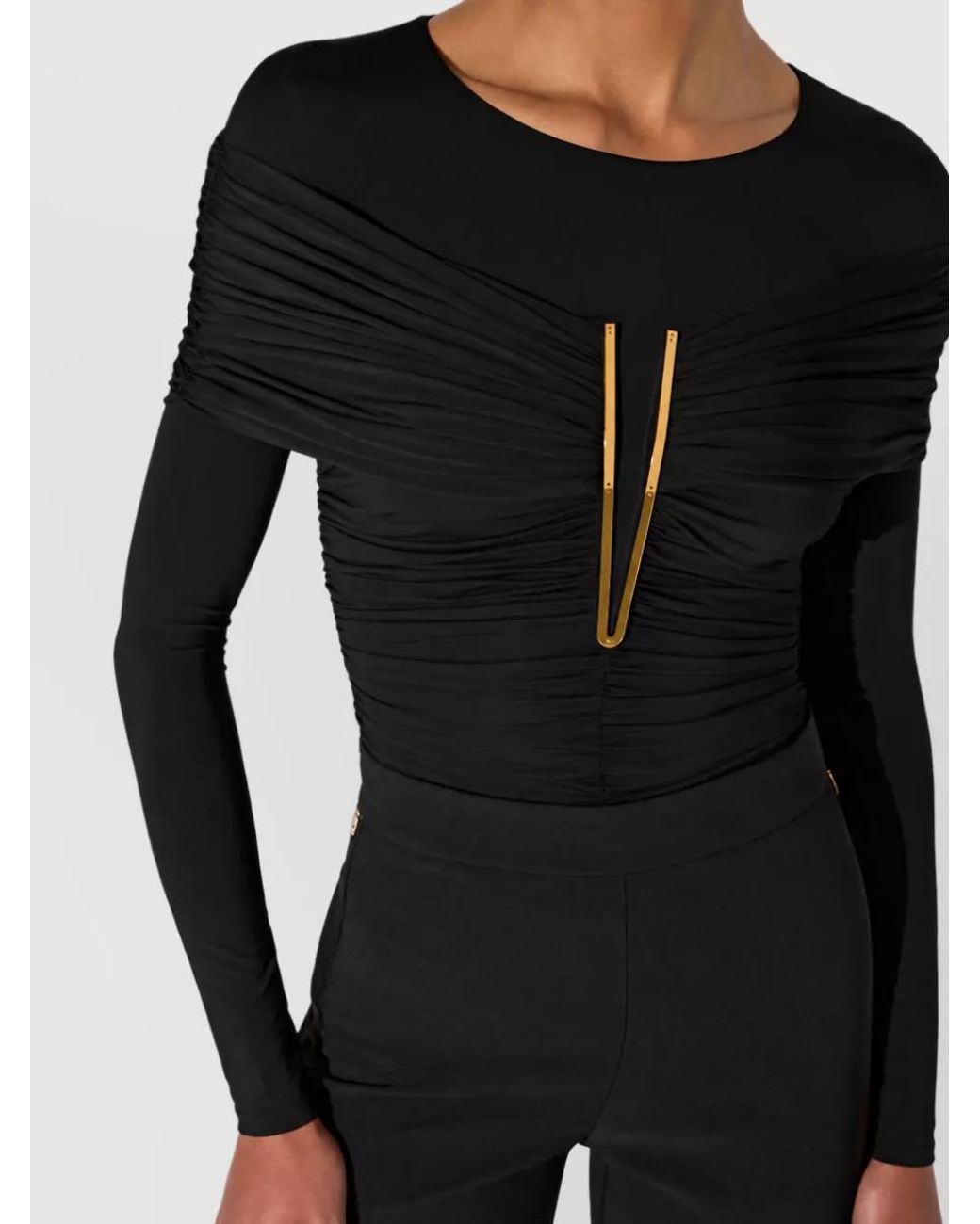 Elisabetta Franchi Black Draped Long-Sleeve Bodysuit