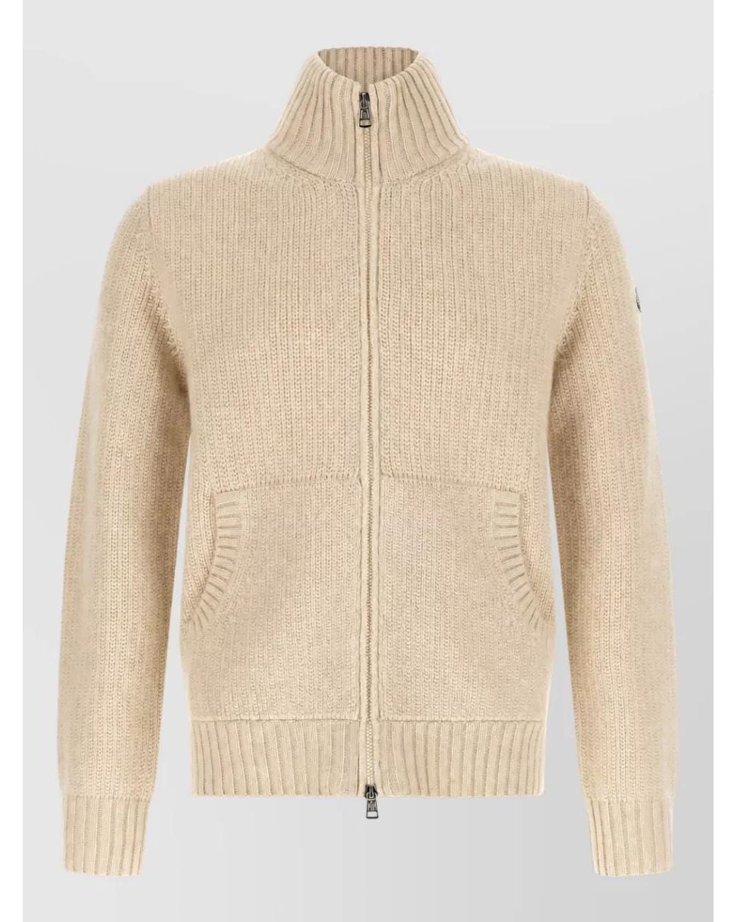 Moncler Natural Wool Cashmere Ribbed High Neck Cardigan for men