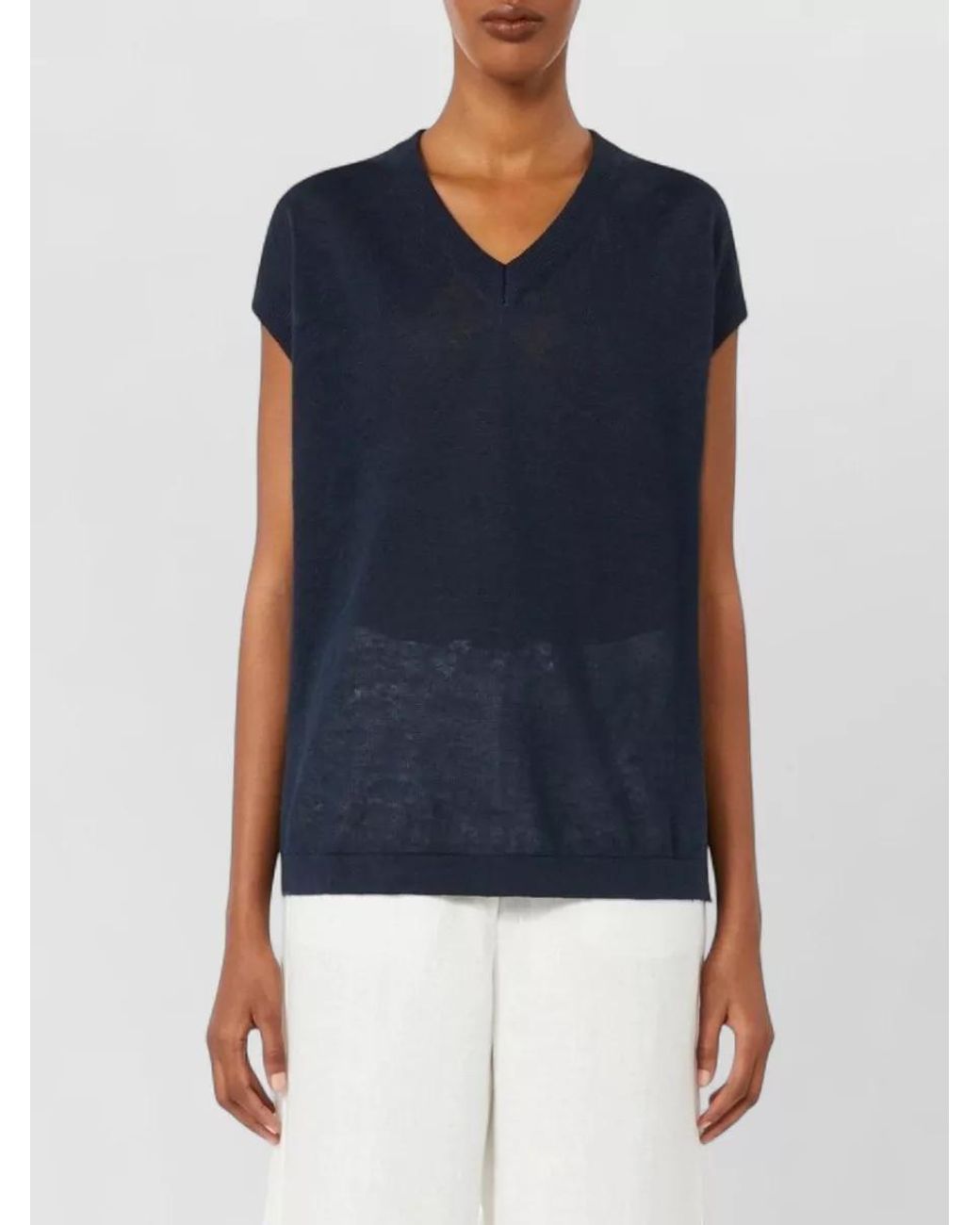 Max Mara Blue Linen V-Neck Short-Sleeve Knitted Top