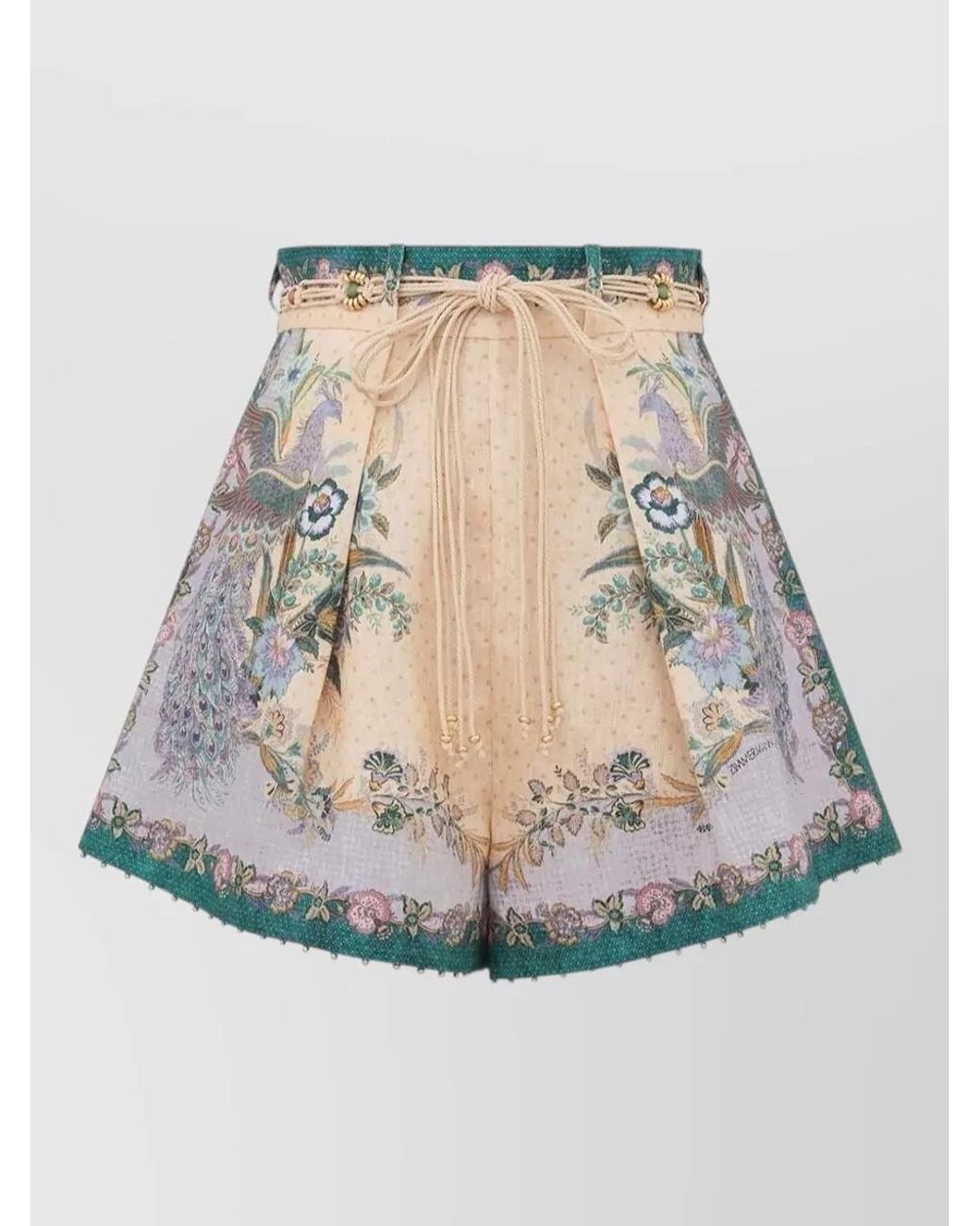 Zimmermann Natural Linen High-Rise Pleated Printed Shorts